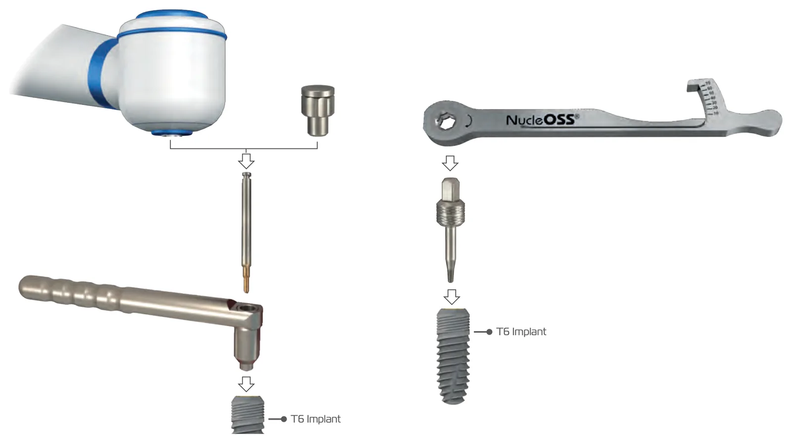 Instruments over a T6 implant: the centering device with the drill and a hand adapter or micromotor, and the broken abutment removal part with a ratchet