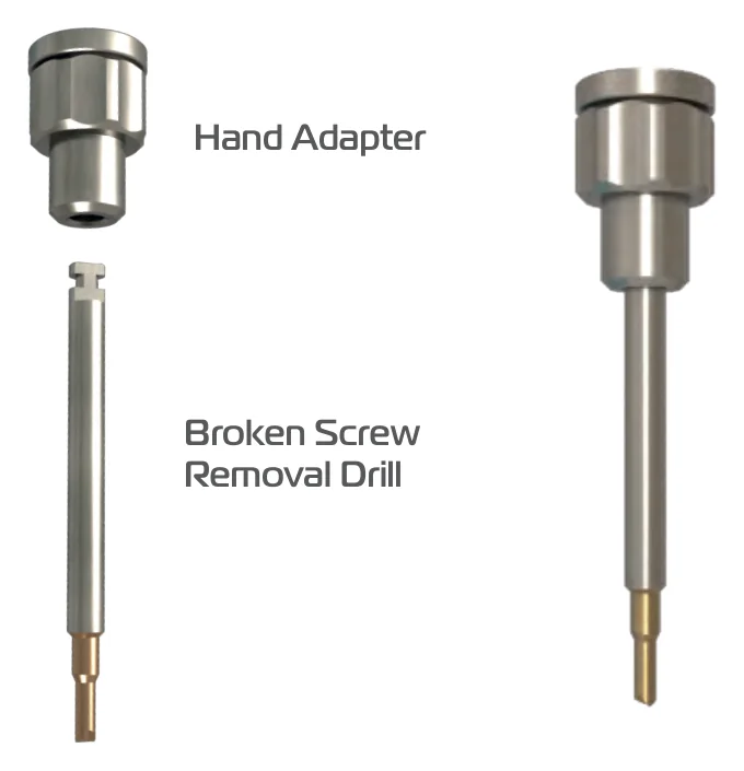 The hand adapter and the broken screw removal drill