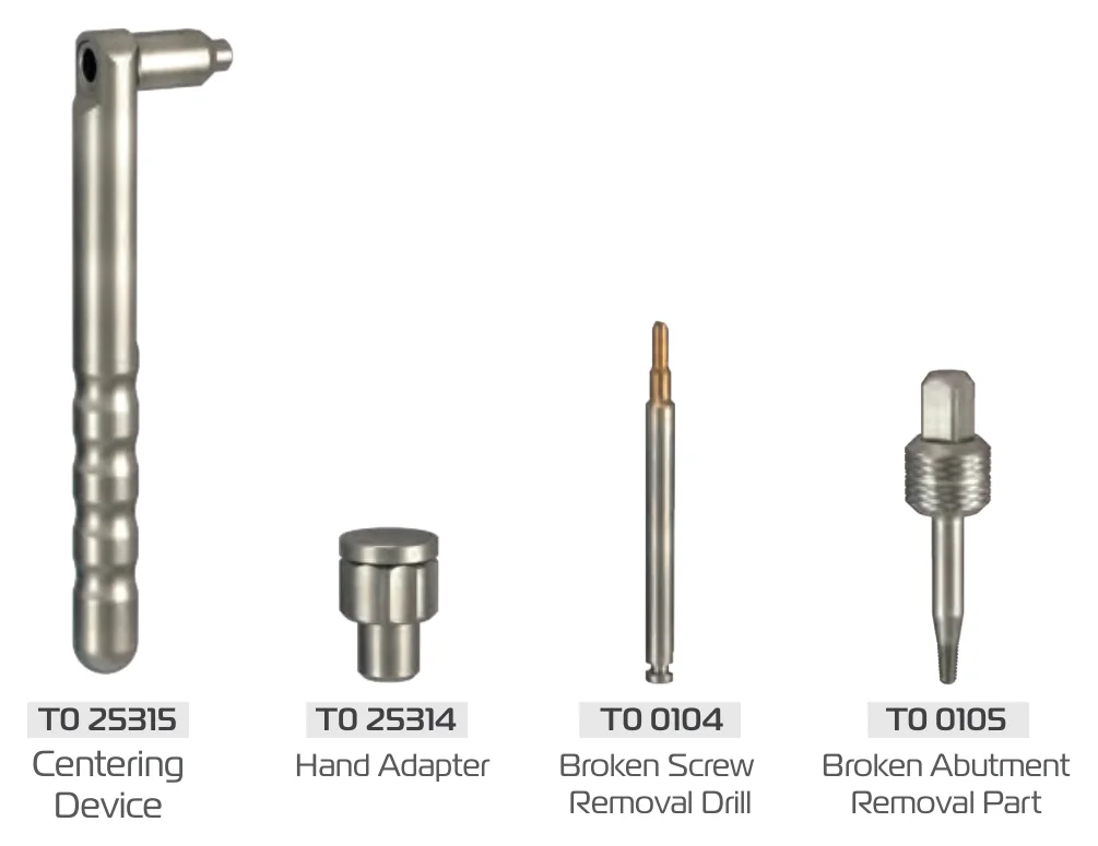 The four parts of the kit: centering device T0 25315, hand adapter T0 25314, broken screw removal drill T0 0104 and broken abutment removal part T0 0105