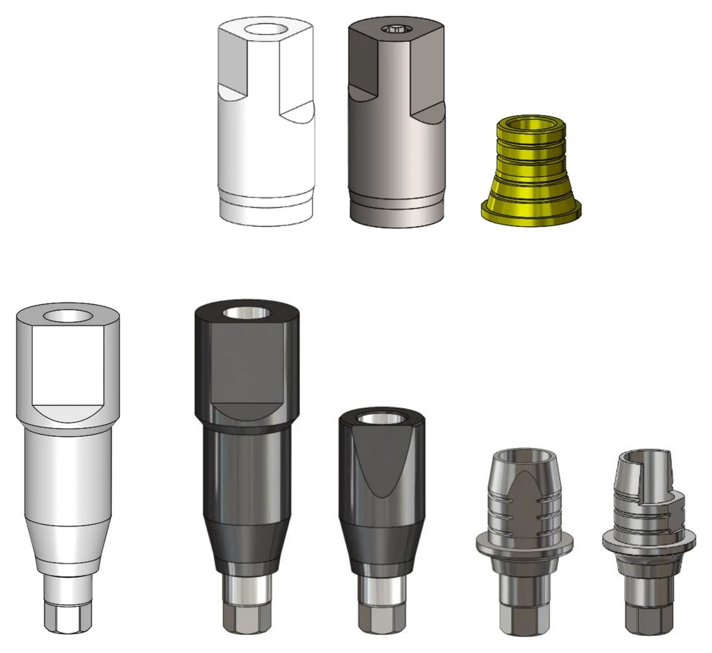 Renders of the guide’s CAD-CAM parts from its first page: three short parts in the top row and five longer parts with hexagonal bases in the bottom row, white, grey and one yellow.