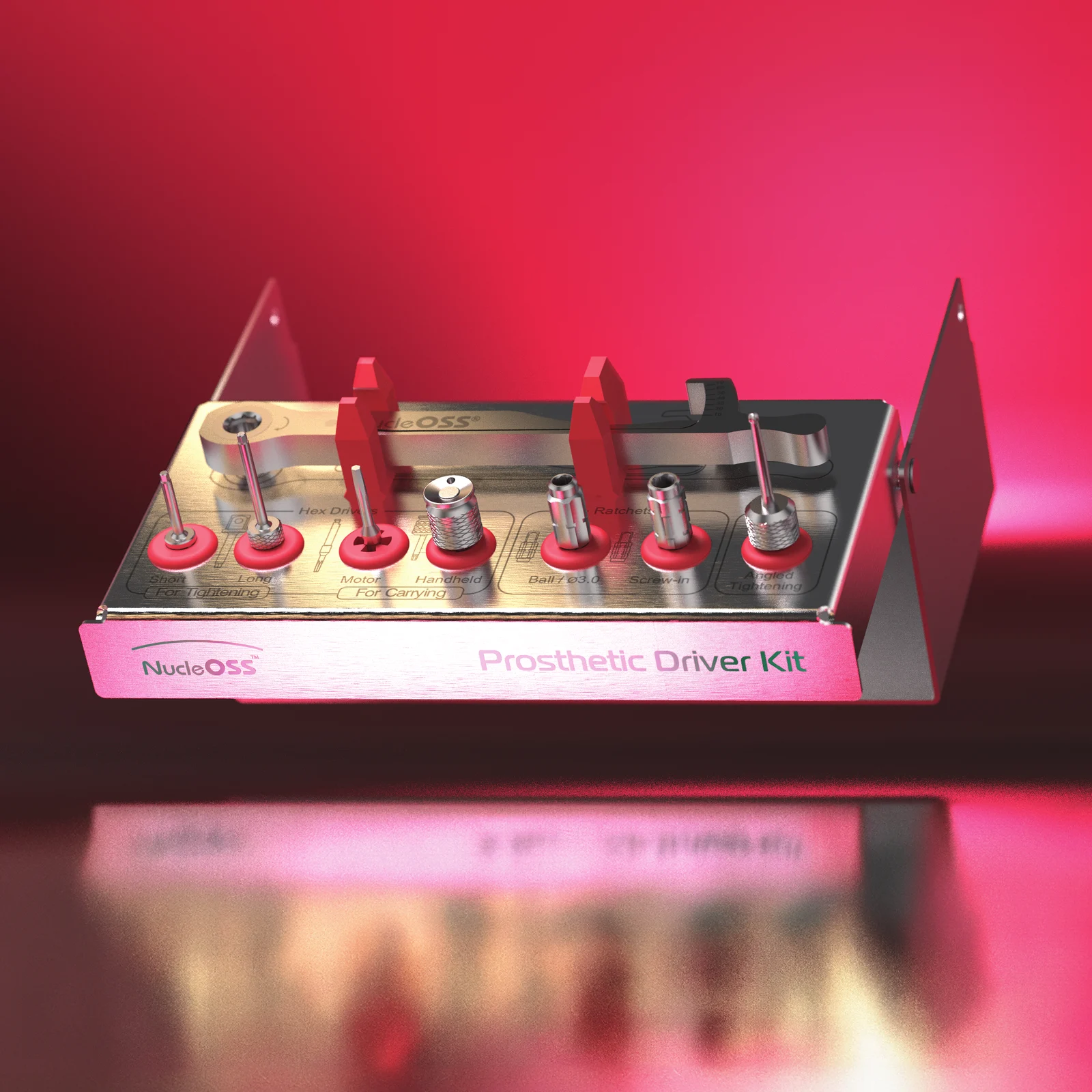 NucleOSS Prosthetic Driver Kit tray with its drivers and tightening parts, on a red backdrop