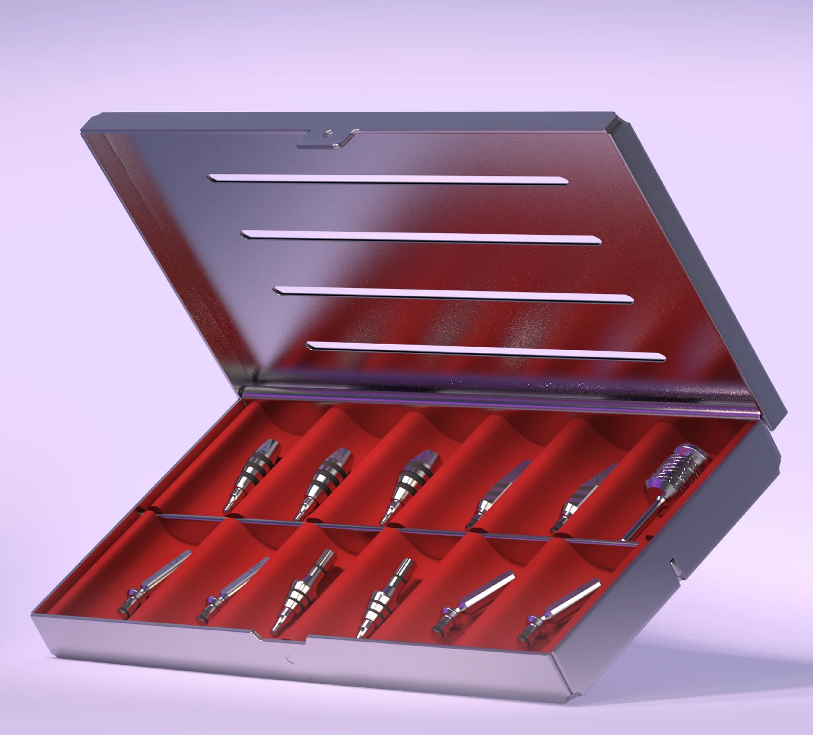 Open NucleOSS Prosthetic Planning Kit tray with its planning parts in a red insert