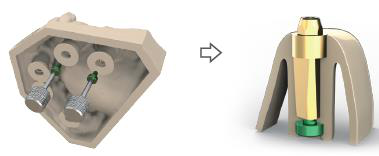 Underside of the printed model with green connection screws turned by manual hex drivers, and a multi unit digital analogue with its green screw.