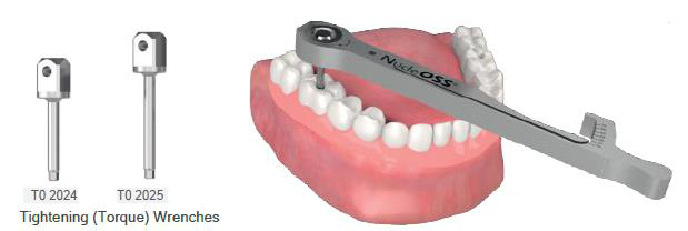 Two tightening (torque) wrenches labelled "T0 2024" and "T0 2025", and a torque wrench on an occlusal screw in the total prosthesis in the lower jaw.