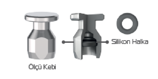 Ball abutment impression post: a metal post, a cut-away view showing the silicone ring inside, and the separate ring. Labelled “Ölçü Kebi” (post) and “Silikon Halka” (silicone ring).
