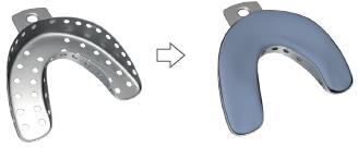 Two-step picture: a perforated metal impression tray, an arrow, then the same kind of tray lined with blue-grey impression material.
