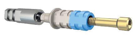 A temporary abutment with a blue ring fixed with a gold-coloured connecting screw onto a standard analog.