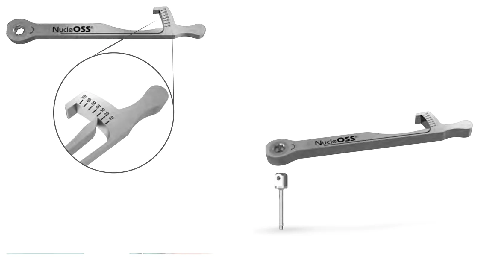 NucleOSS torque ratchet T0 25900 with a detail of its scale, and the ratchet fitted to a driver