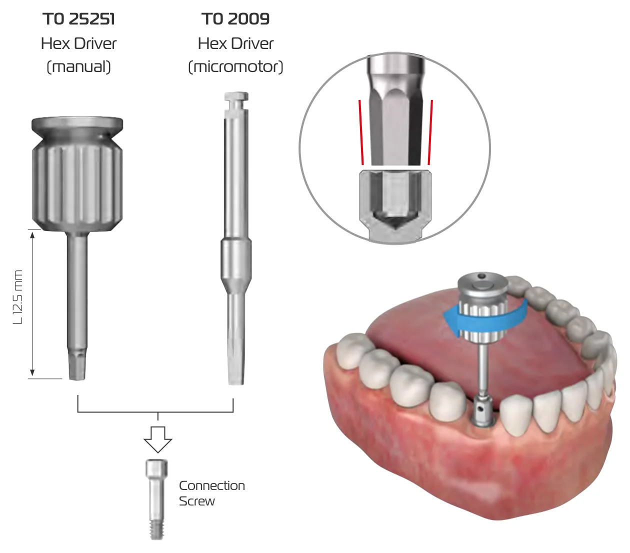 Hex drivers for transfer: T0 25251 manual, length L 12.5 mm, and T0 2009 micromotor, with the hex tip detail and a driver carrying a connection screw to a denture