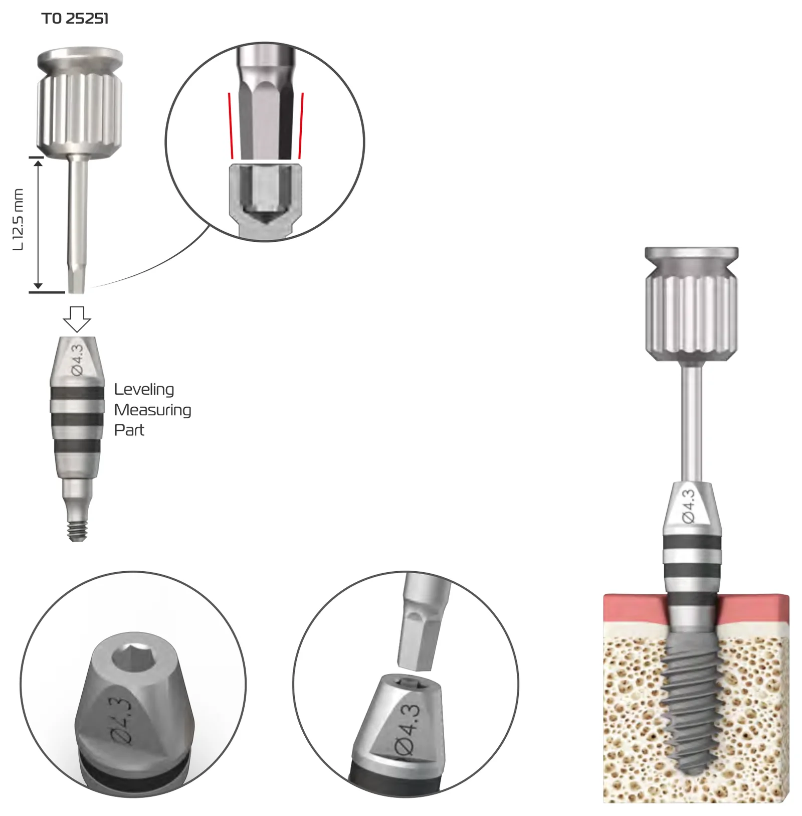 Manual hex driver T0 25251, length L 12.5 mm, with enlarged details of its hex tip, shown above a leveling measuring part and placing it on an implant
