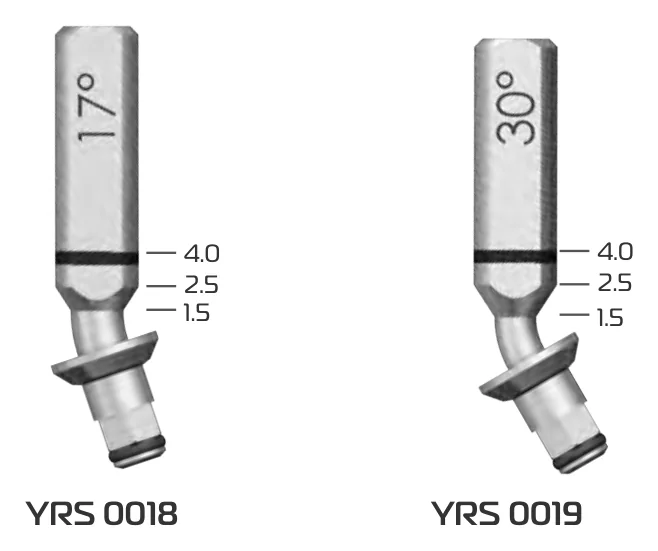 Multi-unit angled planning parts YRS 0018 marked 17° and YRS 0019 marked 30°, with gingival height marks