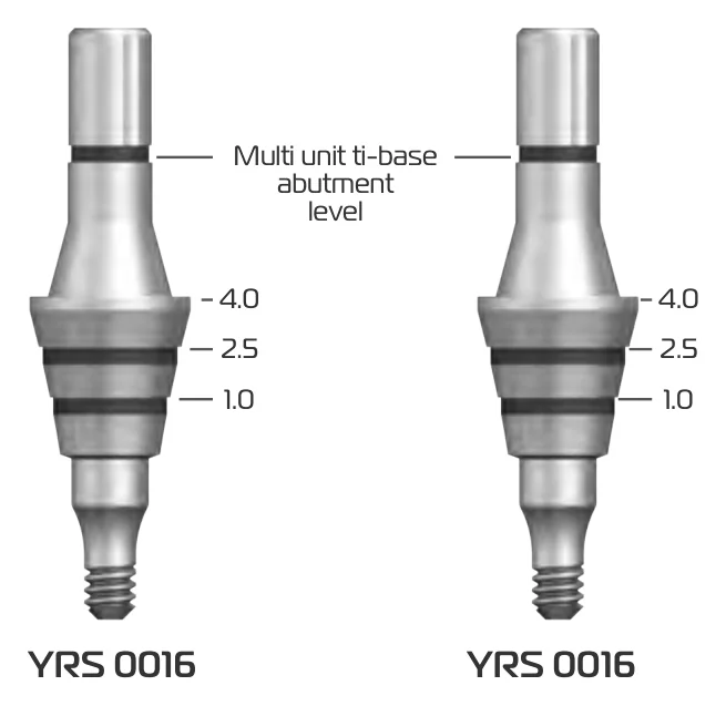 Two multi-unit straight planning parts, both captioned YRS 0016, with gingival height marks 1.0, 2.5 and 4.0