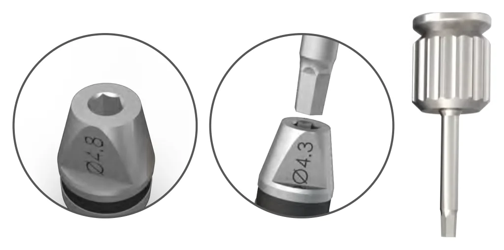 The manual hex driver placing a straight planning part in the implant, with enlarged details of the hex connection