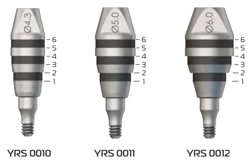 Straight planning parts YRS 0010, 0011 and 0012, each with a gingival height scale from 1 to 6