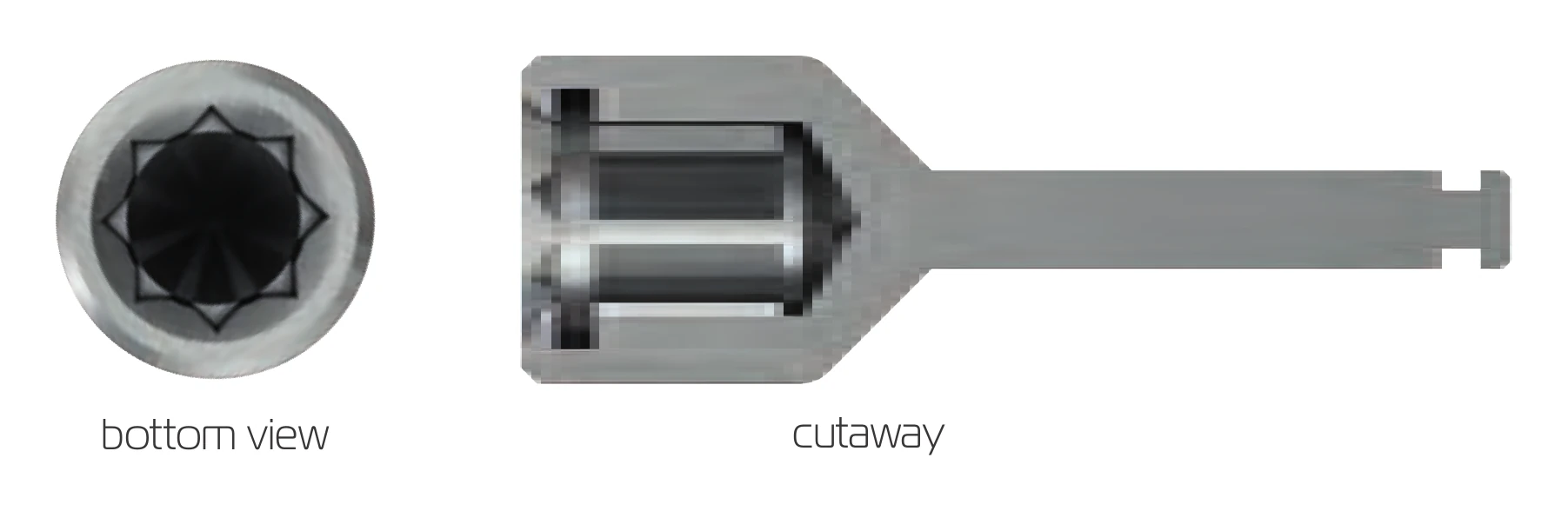 Adapter bottom view and cutaway showing the socket for the tightening part