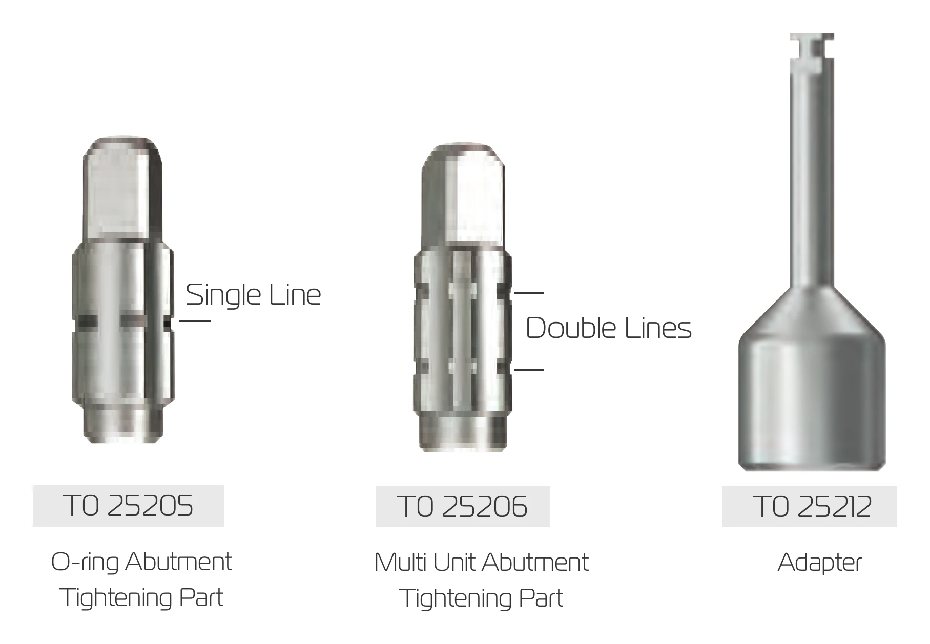 O-ring abutment tightening part T0 25205, multi-unit abutment tightening part T0 25206 and adapter T0 25212
