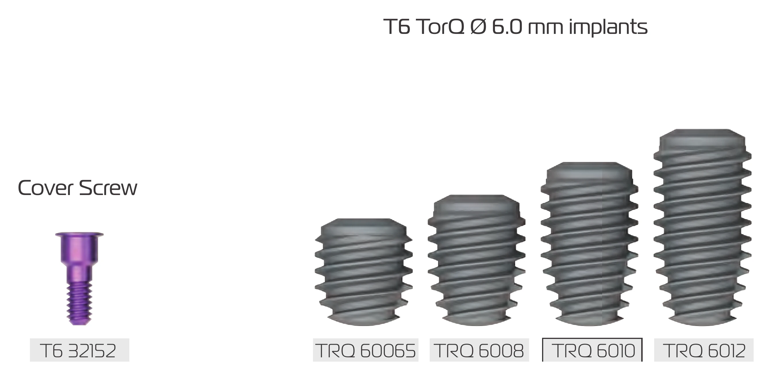 T6 TorQ Ø 6.0 mm implants TRQ 60065 to TRQ 6012 beside cover screw T6 32152