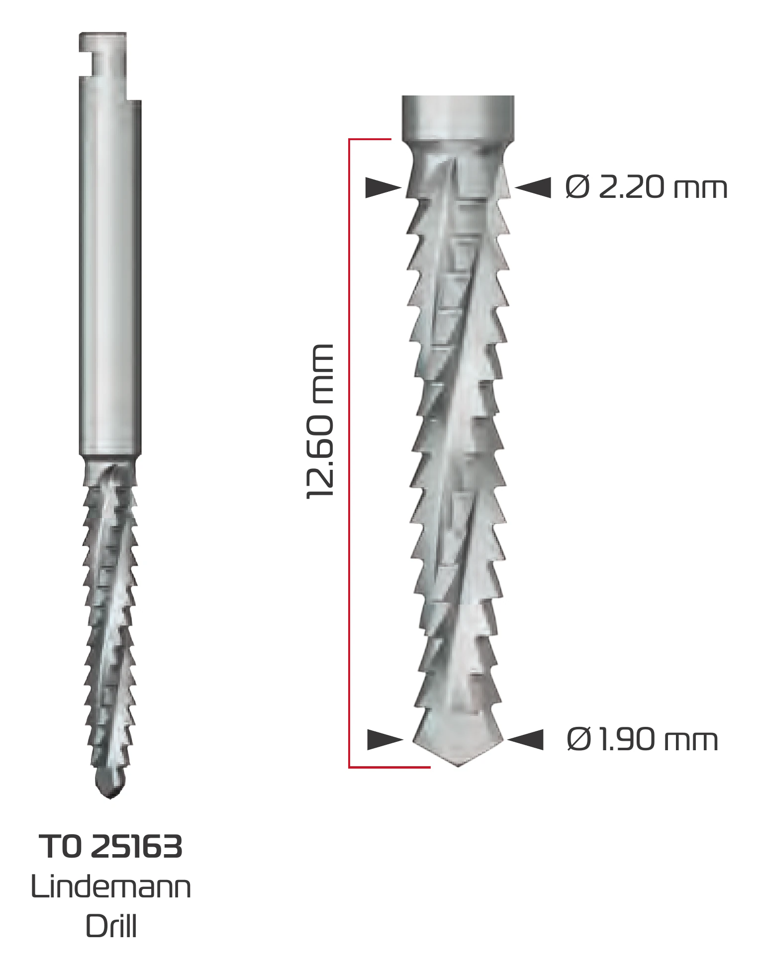Lindemann drill T0 25163 with Ø 2.20 mm and Ø 1.90 mm, 12.60 mm cutting length