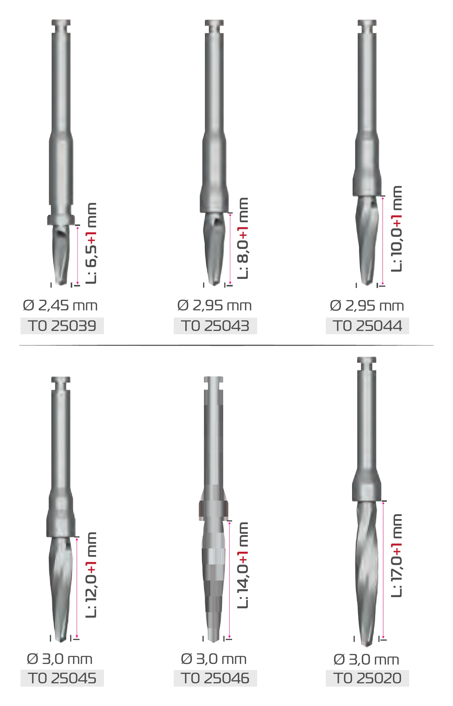 Six pilot drills with their length markings L 6.5+1 to L 17.0+1 mm, diameters and references