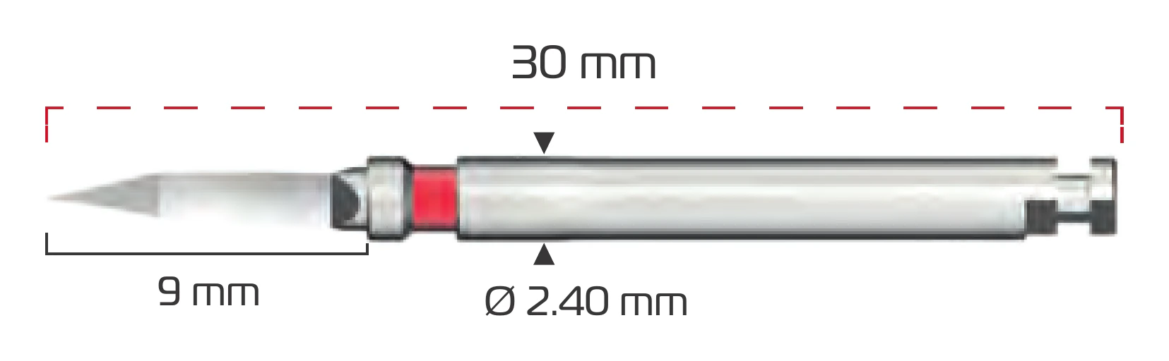 Point drill marked 30 mm overall, 9 mm cutting length and Ø 2.40 mm