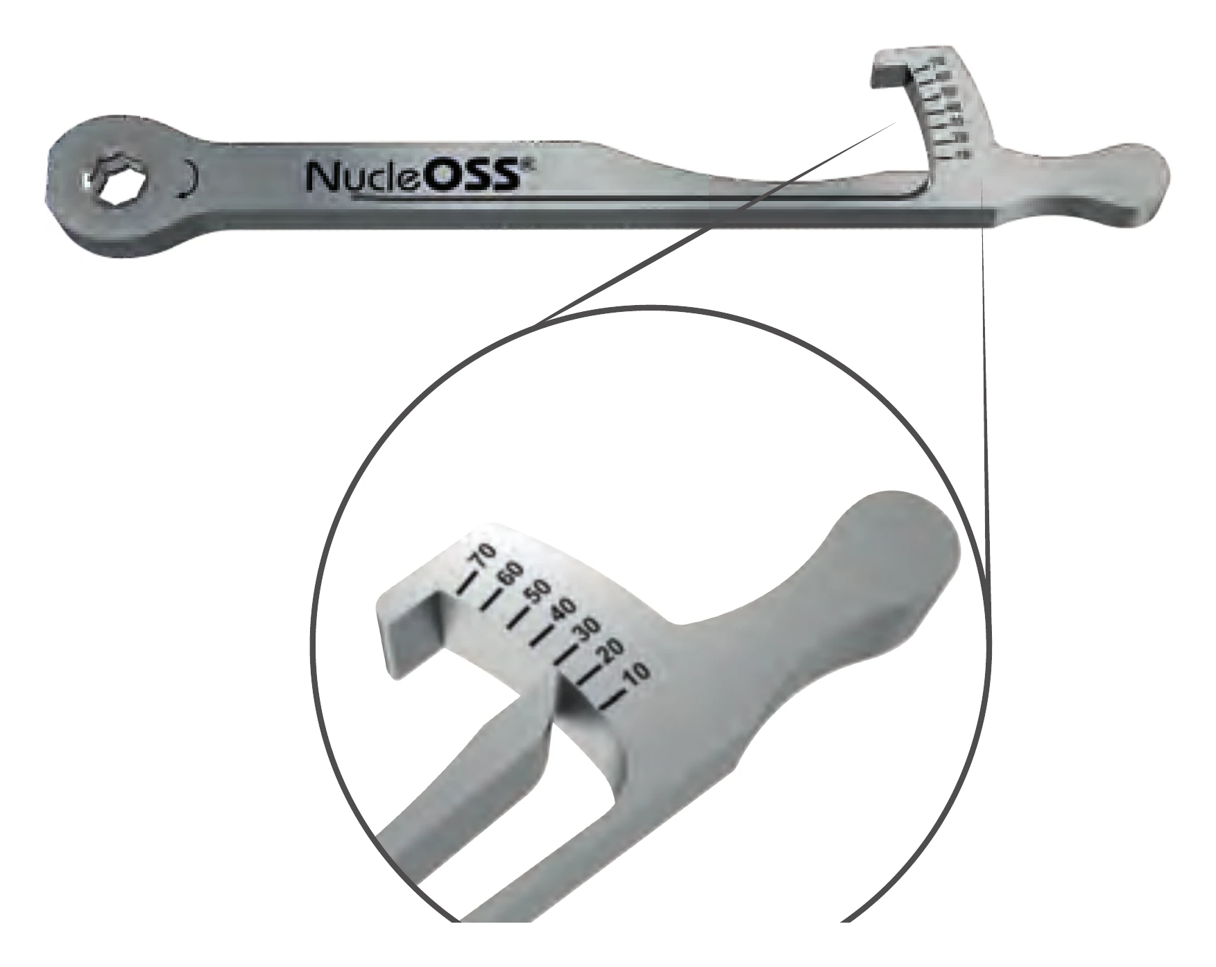 NucleOSS torque ratchet with a close-up of its Ncm scale, which reads up to 70 Ncm