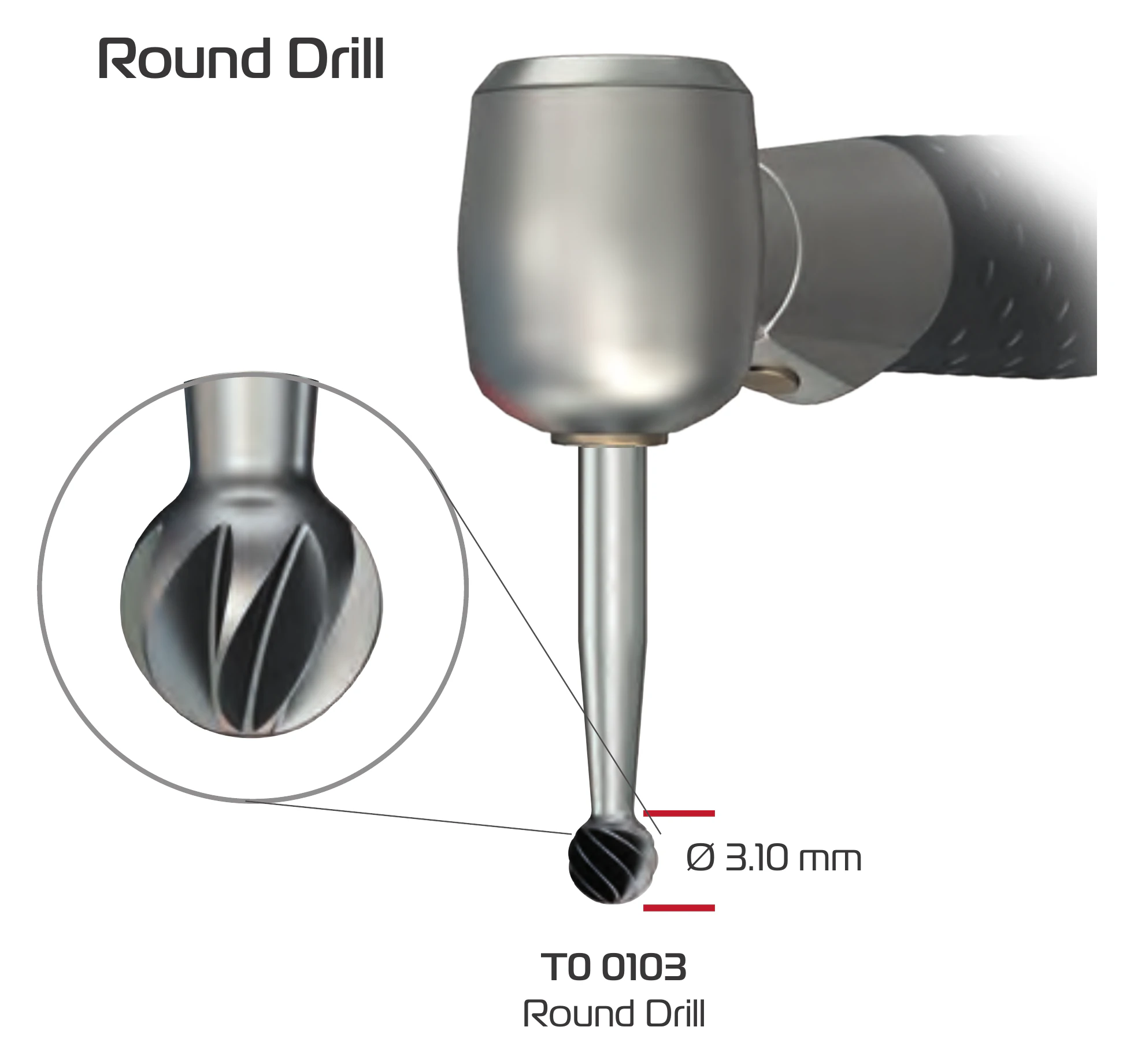 Round drill T0 0103 in a handpiece, Ø 3.10 mm